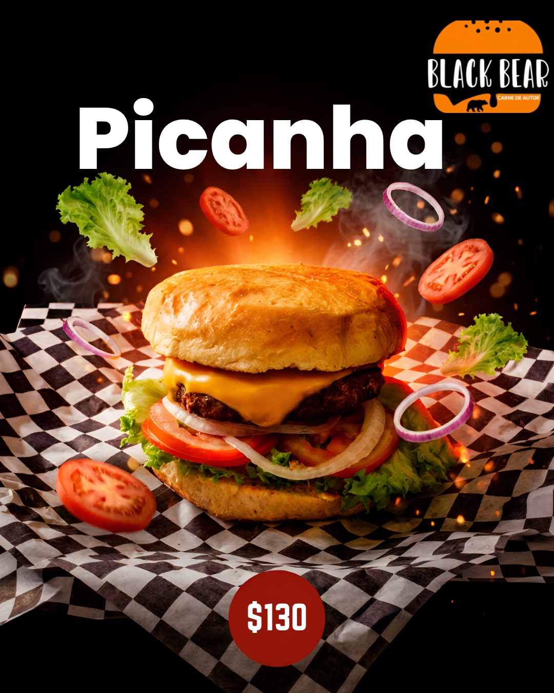 Hamburguesa Black Bear con queso, vegetales y pan dorado sobre nuestro papel cuadriculado