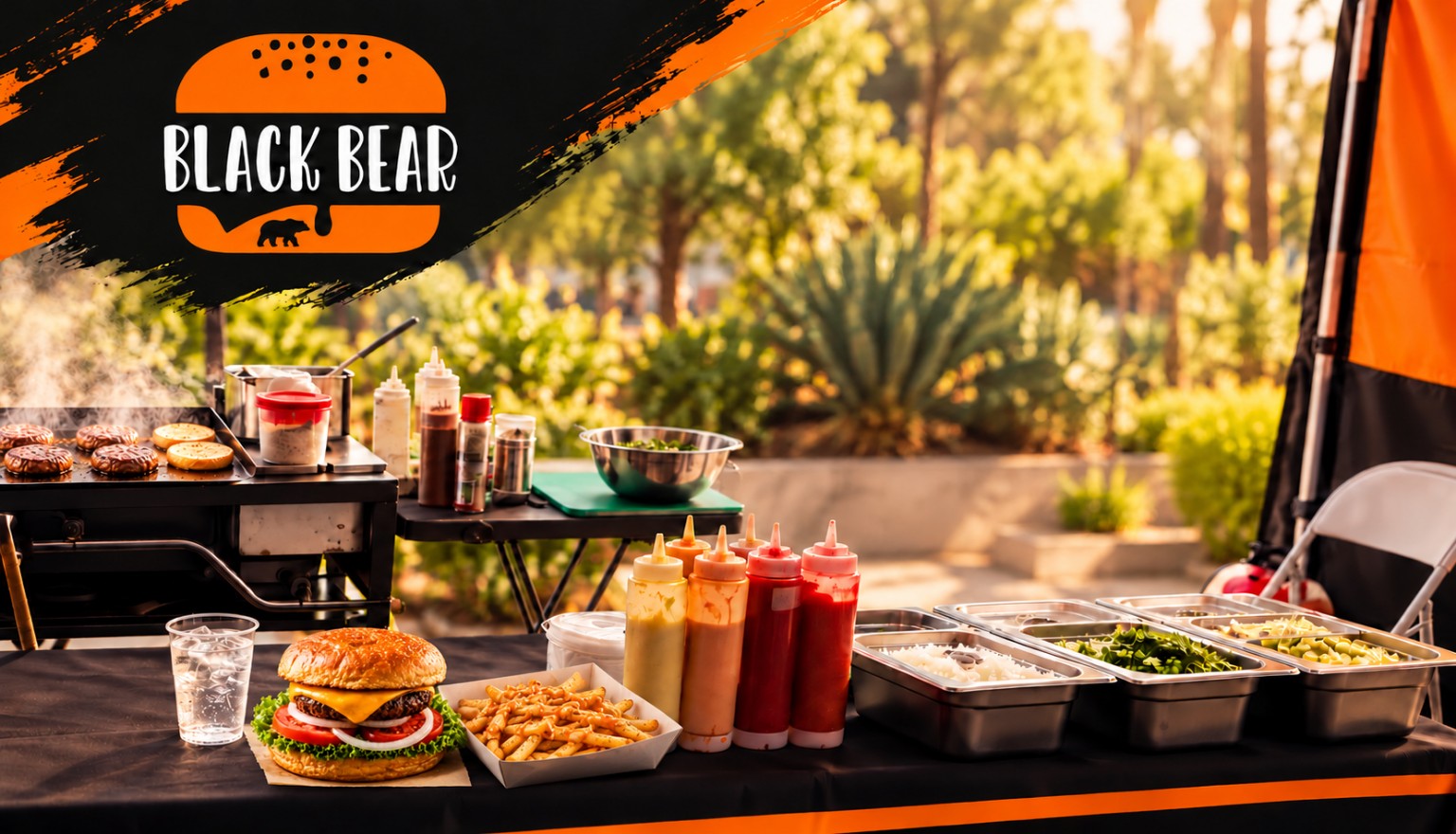 Estación de Black Bear con hamburguesa, papas, vaso de agua, aderezos y vegetales; medallones y panes en la plancha